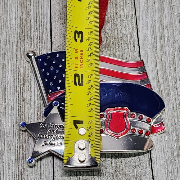America's Flag and Cap " Be Strong and Courageous " Ornament Silver Metal - Picture 7 of 7